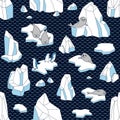 Vector Seamless pattern with iceberg, seals, penguins and ice floes. Royalty Free Stock Photo